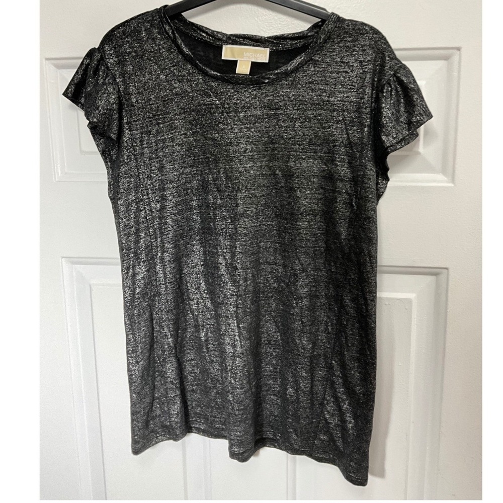 Michael Michael Kors Silver Metallic Linen Ruffle Sleeve Top Small